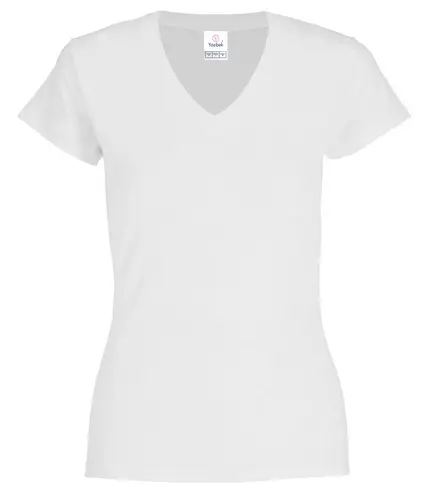 PLAYERA CUELLO V MANGA CORTA CON SILUETA PARA DAMA, 100% ALG. COD. D0306. COLOR BLANCO